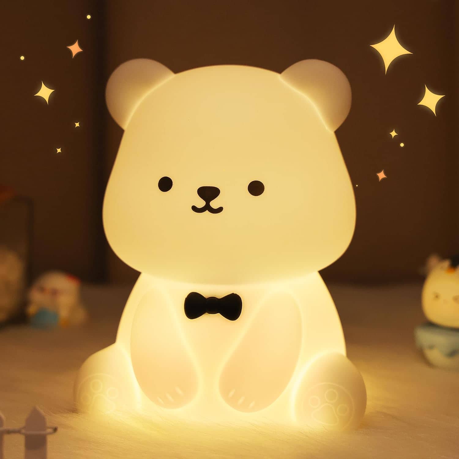 FINEAK - Soft Silicone Bear Night Light-8-Color Tap Control for Kids - White Teddy Bear