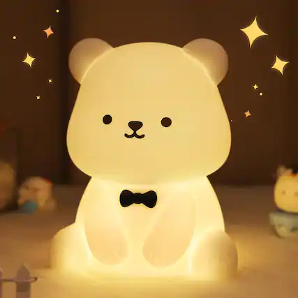 Front. FINEAK - Soft Silicone Bear Night Light-8-Color Tap Control for Kids - White Teddy Bear.