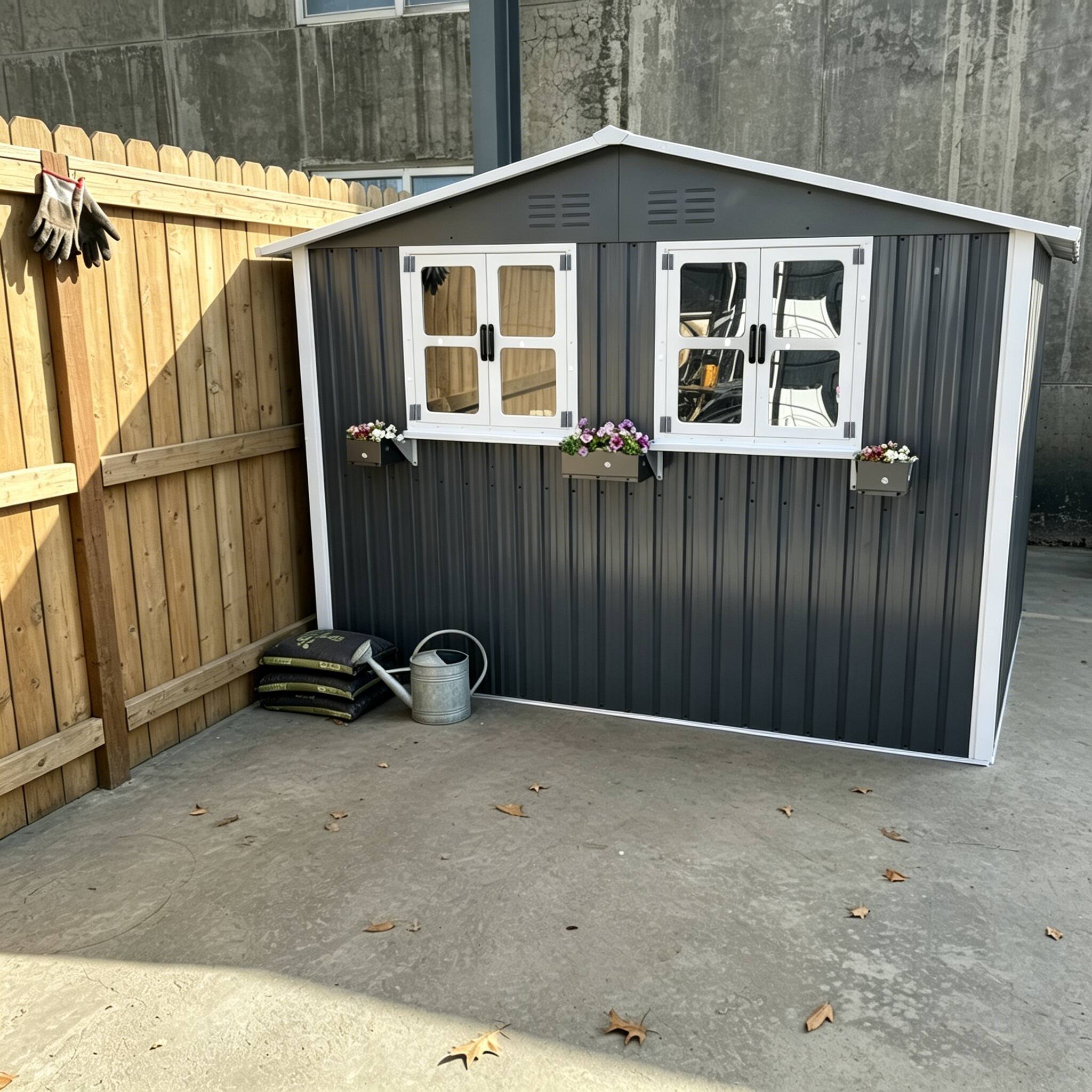Alt View 1. Anysun - 6x9 FT Outdoor Metal Storage Shed with Window & Flower Rack – Lockable Double Doors Tool Shed, Waterproof Weatherproof - Coal Gray.