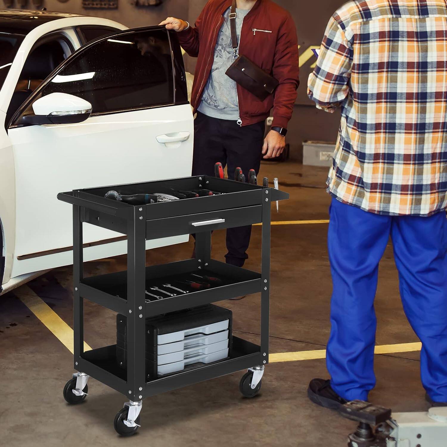 Back. Winado - 3 Tier Rolling Tool Cart Service Tool Cart Tool Organizer with Storage Drawer & 360° Swivel Casters for Garage, Workshop - Black.