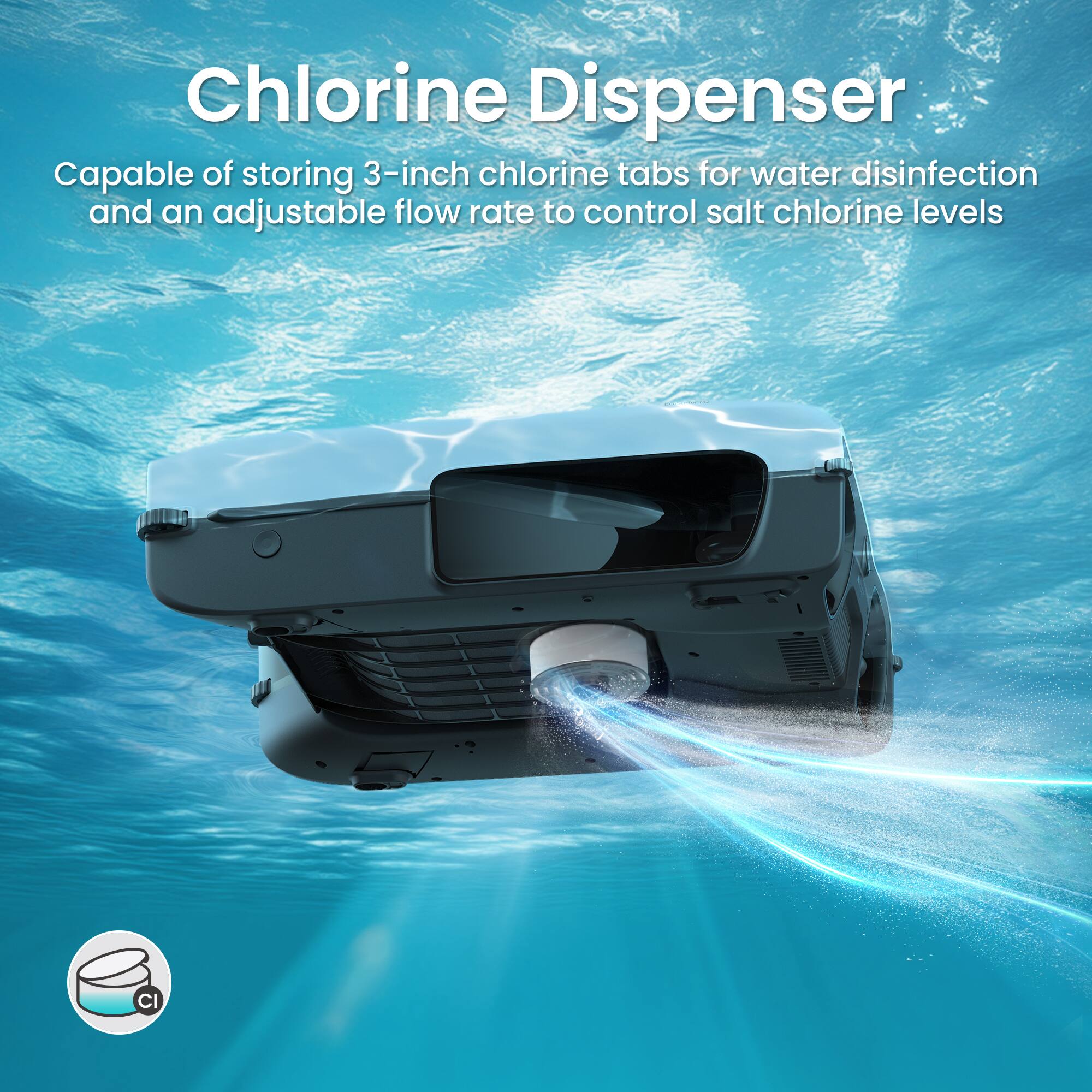 Chlorine Dispenser  
Capable of storing 3-inch chlorine tabs for water disinfection and an adjustable flow rate to control salt chlorine levels