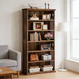 HTUTWOO - 6-Tier Farmhouse Bookshelf, Spacious Display Shelf, Sturdy Storage Cabinet for Living Room Bedroom Home Office - Brown