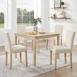 Loheer - 5-Piece Dining Table Set for 4, Square Table with Upholstered Chairs - Light Oak