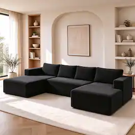 Meqiodas - 125" Boneless Couch, Cloud Couch Sectional, Corduroy Sofa for Living Room, U Shaped Modular Sofa, No Assembly - Black