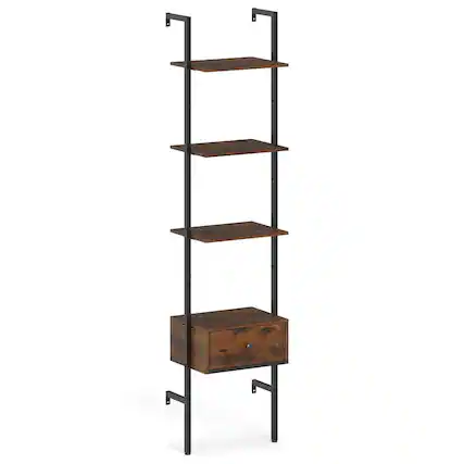 Front. Kadyn - 5-Tier Ladder Bookcase with Drawer - Metal Frame, Ideal for Study/Home Office, Rustic Brown & Black - Brown.
