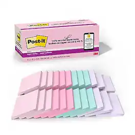 Post-it - Recycled Super Sticky Notes, 3" x 3", Wanderlust Pastels Collection, 70 Sheets/Pad, 24 Pads/Pack - Assorted