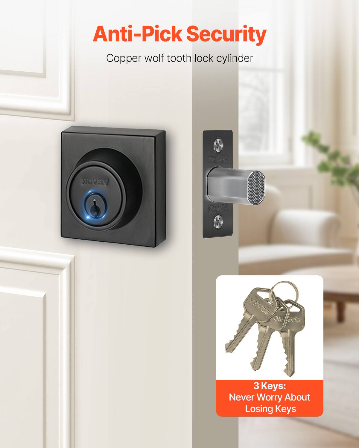 VEVOR Deadbolt Lock, Square Single Cylinder Dead Bolt, Keyed 1 Side ...