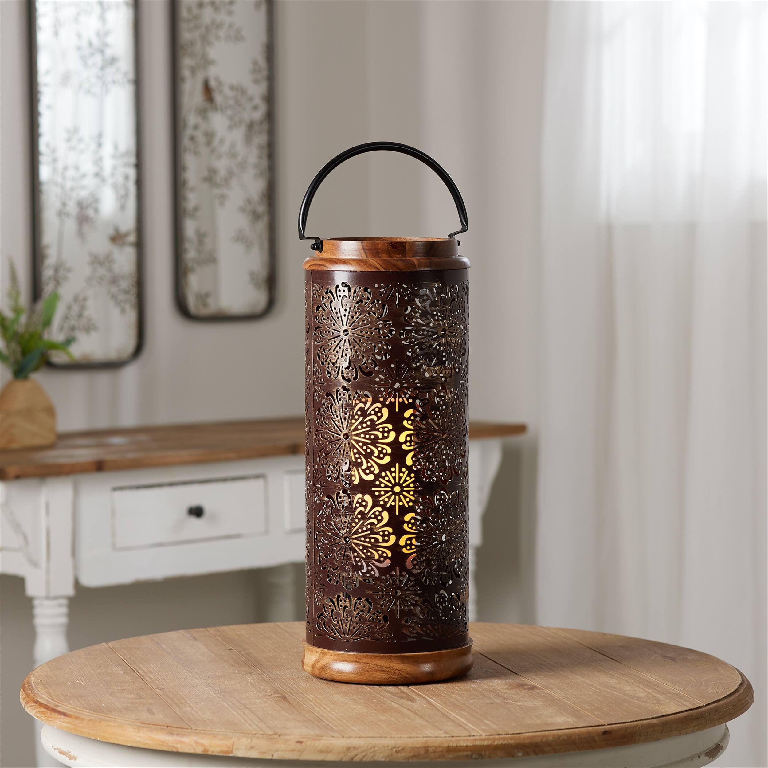 Angle. BreeBe - Punched Metal Lantern with Natural Wood Accents 19"H - Brown.