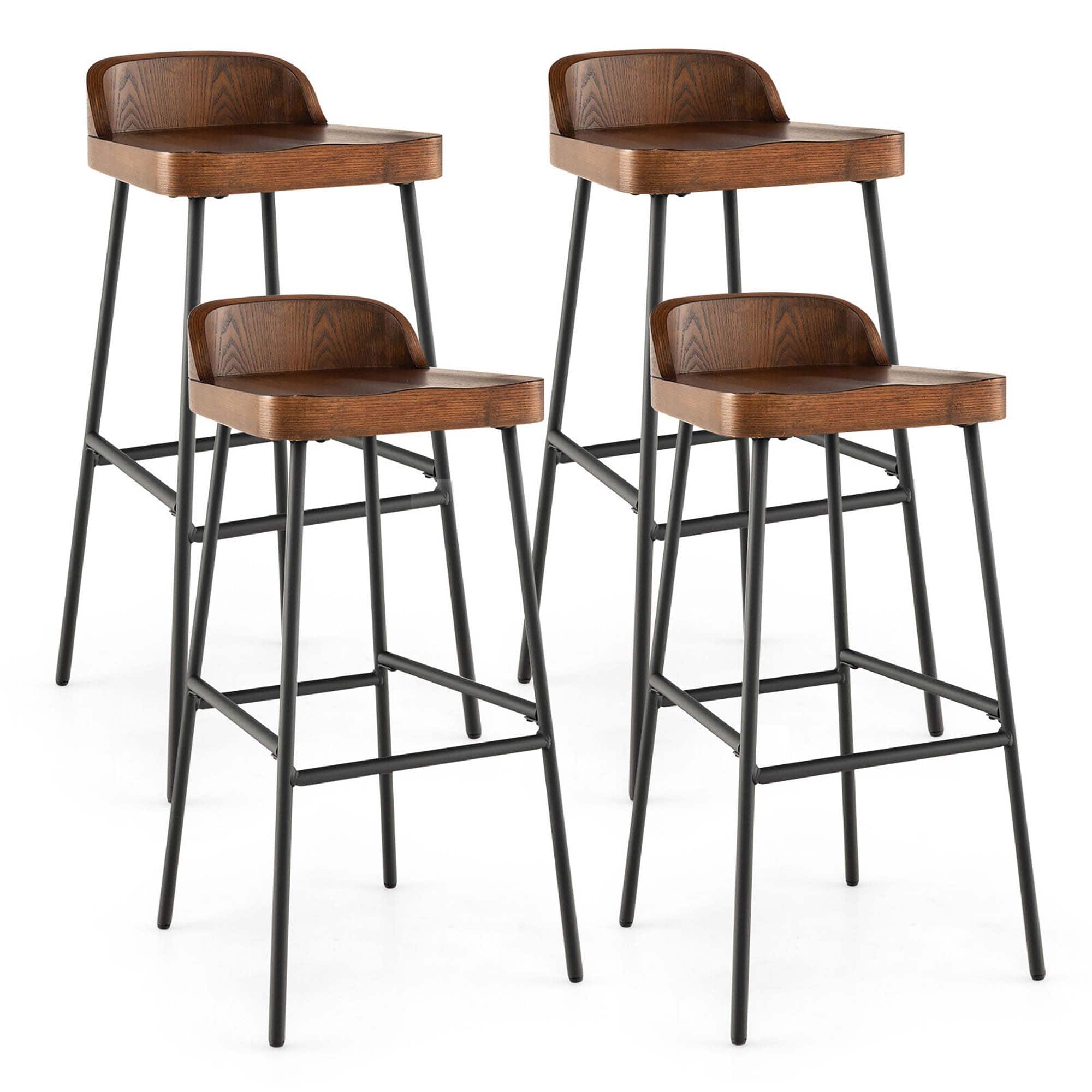 Gymax - Set of 4 Industrial 29'' Bar Stool Bar Height Saddle Seat Kitchen Stool Low Back - Rustic Brown, Black