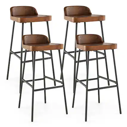 Front. Gymax - Gymax Set of 4 Industrial 29'' Bar Stool Bar Height Saddle Seat Kitchen Stool Low Back - Rustic Brown, Black.