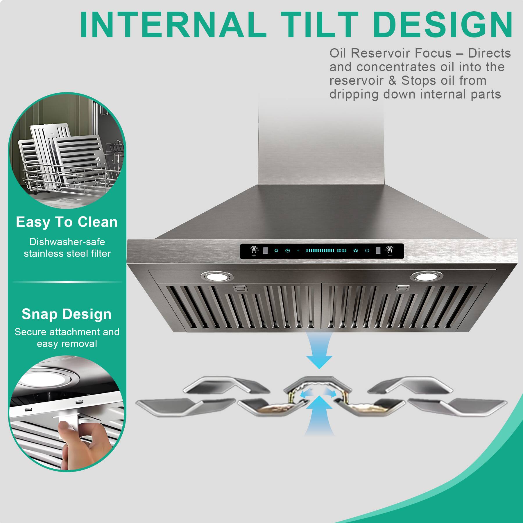 INTERNAL TILT DESIGN

Oil Reservoir Focus – Directs and concentrates oil into the reservoir & Stops oil from dripping down internal parts

Easy To Clean
Dishwasher-safe stainless steel filter

Snap Design
Secure attachment and easy removal