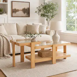 WELLFOR - Set of 2 Boho Rattan Coffee Table, Wood Nesting Coffee Table Cocktail Tea Table for Living Room - Natural