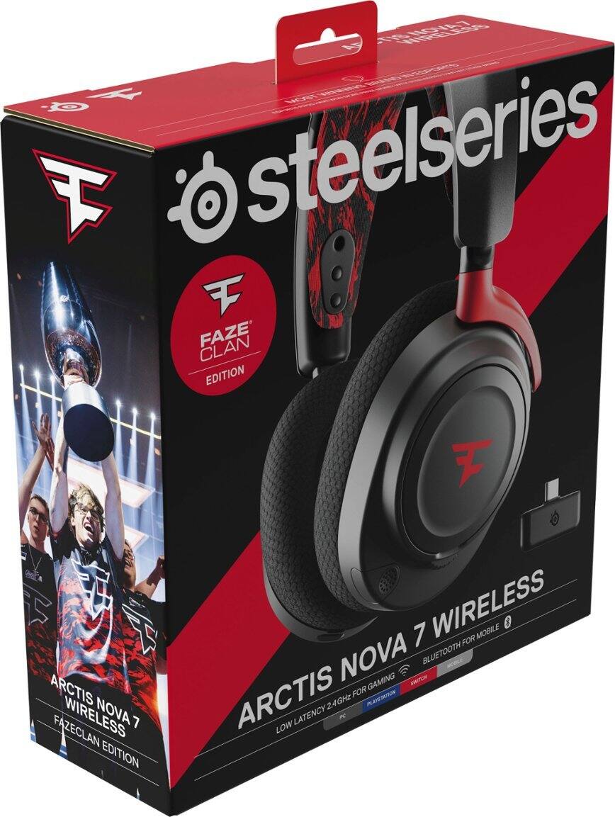The box contains a Steelseries Arctis Nova 7 Wireless Edition headset, which is designed for mobile gaming. The headset is part of the F Clan FaZe Edition, and it features Bluetooth connectivity for a low latency gaming experience. The headset is compatible with various gaming platforms, including PlayStation and Xbox.
