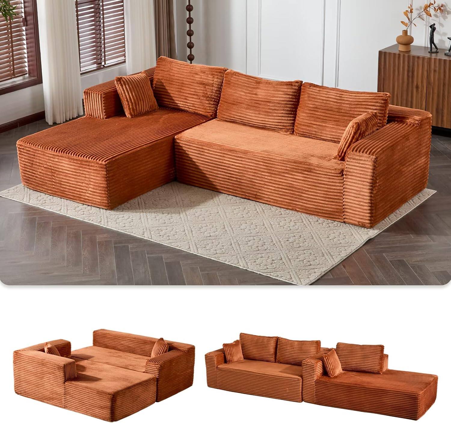 Alt View 2. Trinkets Crazed - 110" Cloud Sectional Couch Compression sofa with Comfy L-Shaped Chaise - brown.