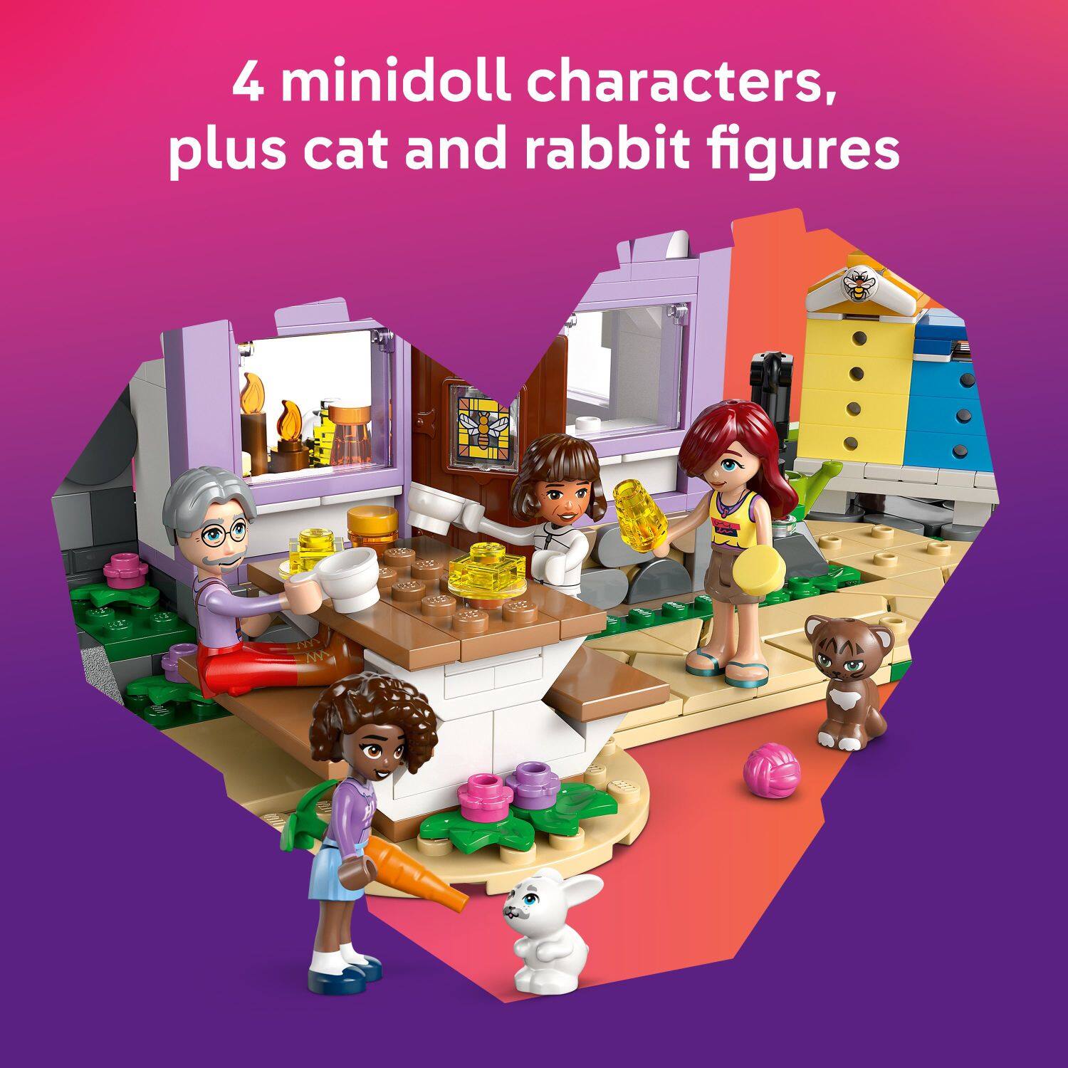 4 minidoll characters, plus cat and rabbit figures.