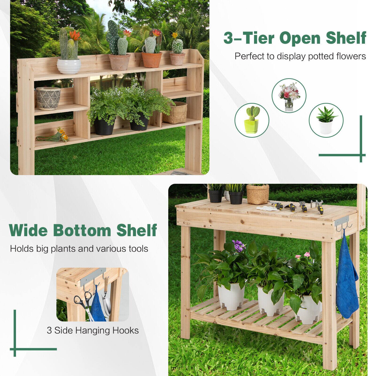 3-Tier Open Shelf  
Perfect to display potted flowers  

Wide Bottom Shelf  
Holds big plants and various tools  

3 Side Hanging Hooks