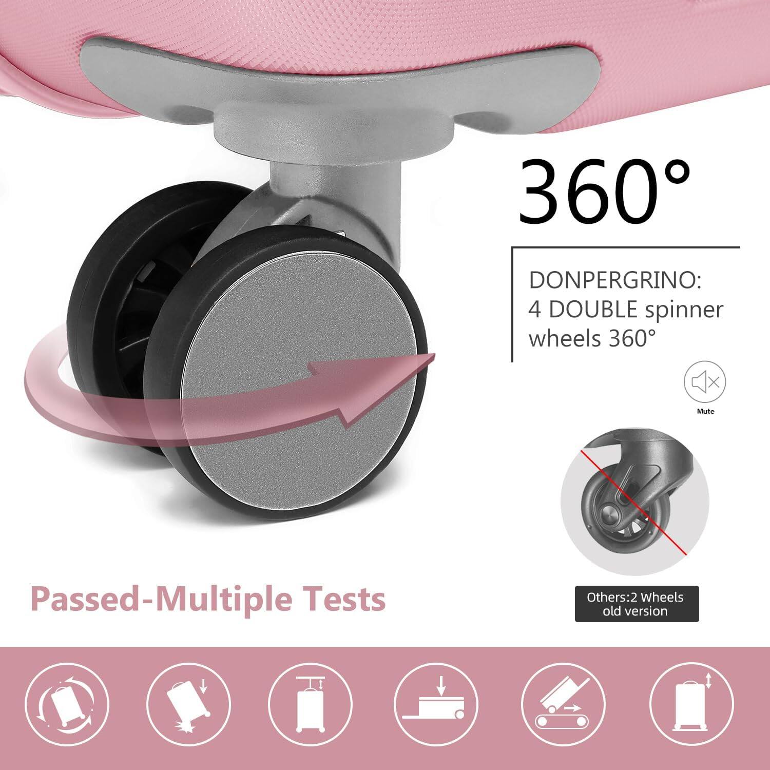 DONPERGRINO:  
4 DOUBLE spinner wheels 360°  
Mute  

Others: 2 Wheels old version  

Passed-Multiple Tests