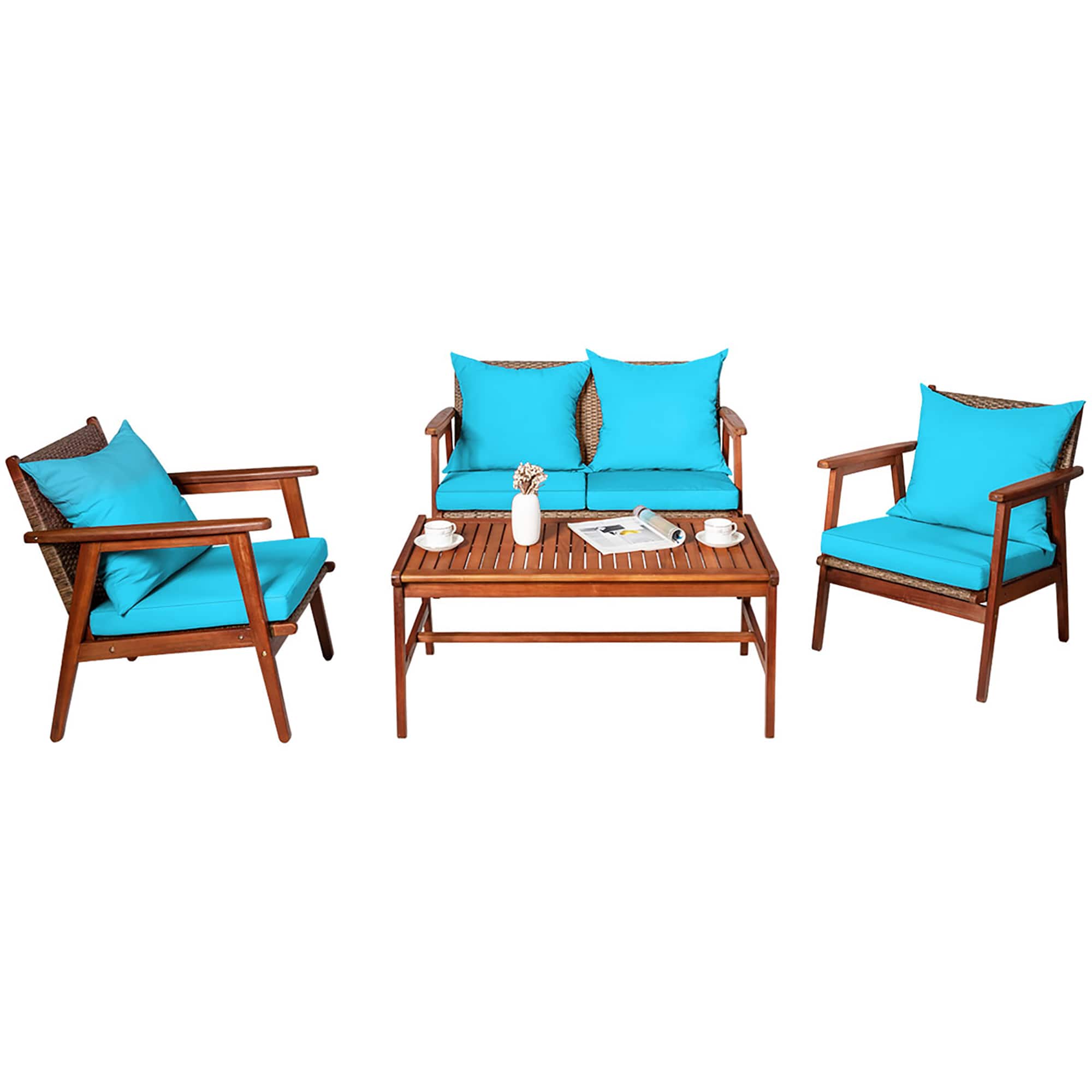 Costway - 4PCS Patio Rattan Furniture Set Acacia Wood Frame Cushioned Sofa Chair - Turquoise price history on PriceWatchPro