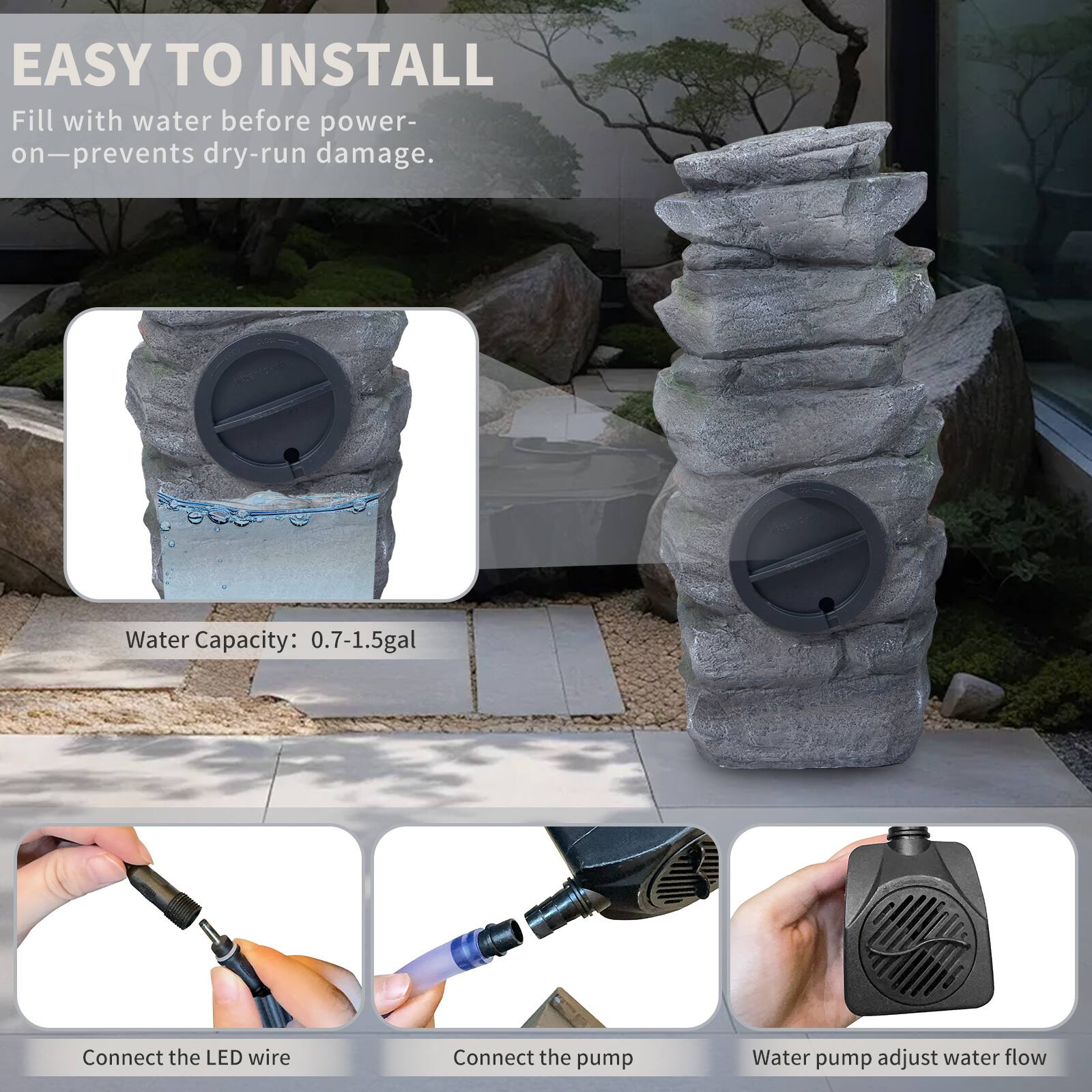 EASY TO INSTALL  
Fill with water before power-on—prevents dry-run damage.  
Water Capacity: 0.7-1.5gal  

Connect the LED wire  
Connect the pump  
Water pump adjust water flow