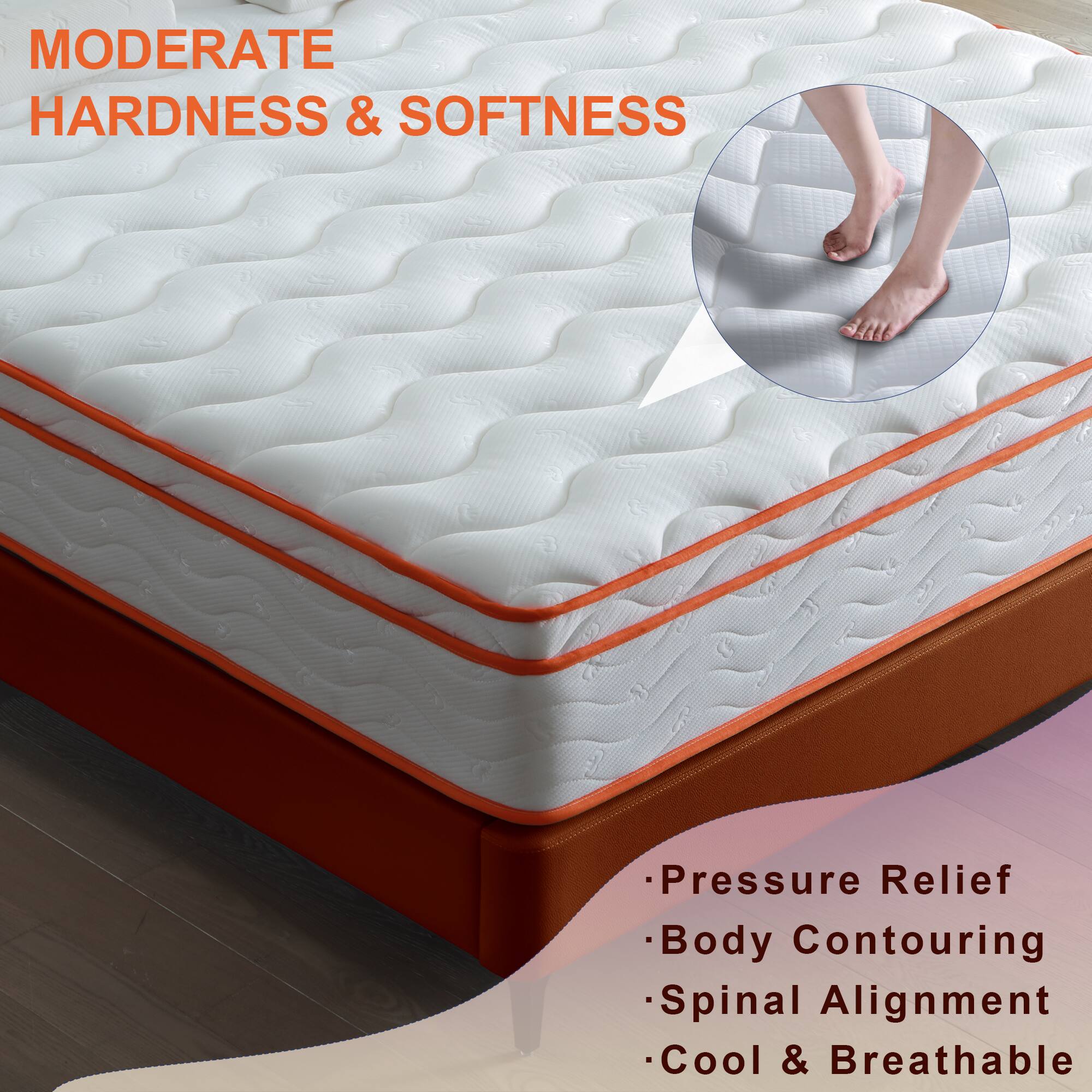 MODERATE HARDNESS & SOFTNESS

- Pressure Relief
- Body Contouring
- Spinal Alignment
- Cool & Breathable