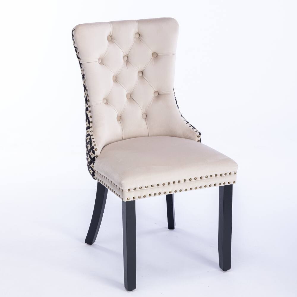 Back. Loheer - Loheer Velvet Dining Chairs Set of 2, Beige Tufted Upholstered Solid Wood High Back with Nailhead Trim - Beige.