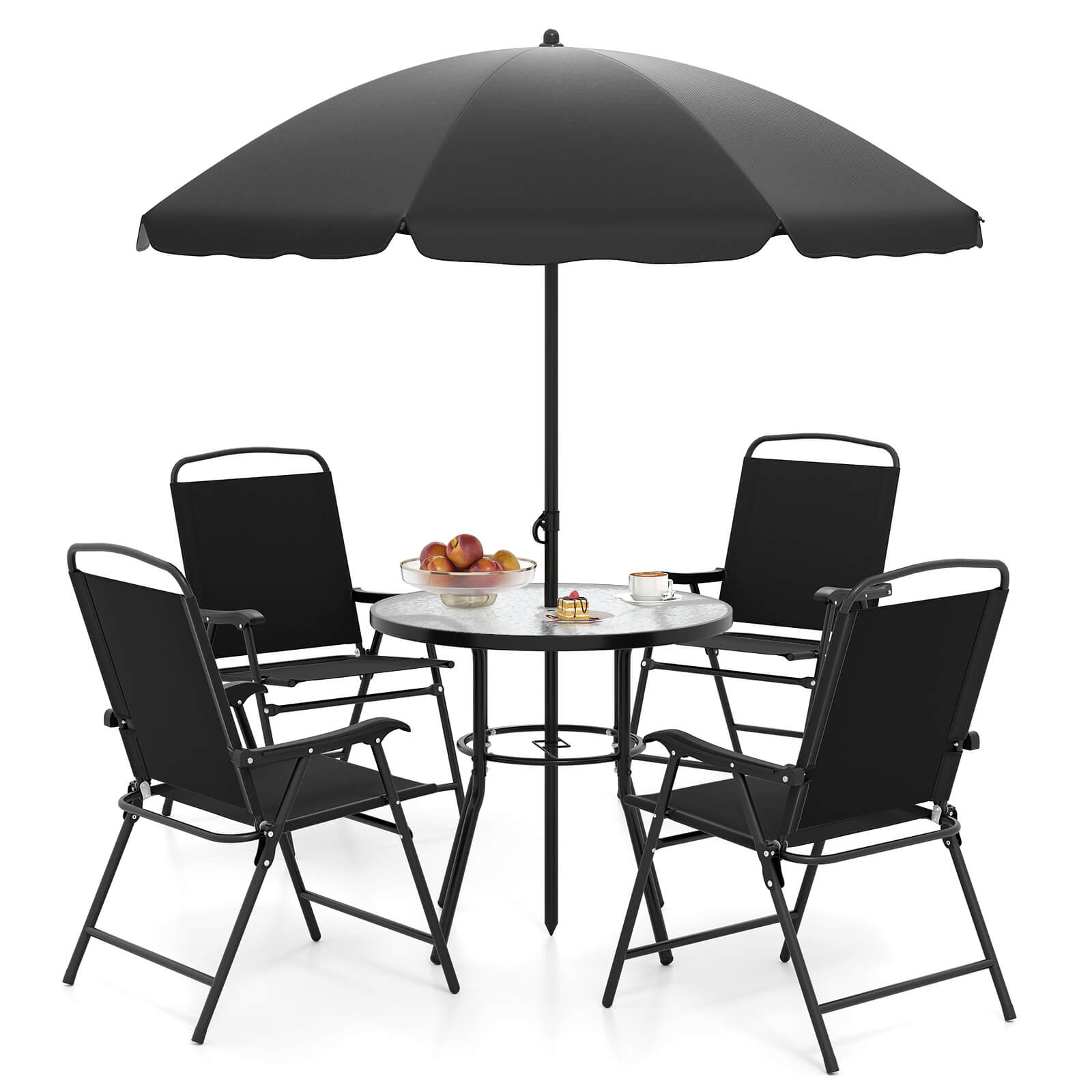 Costway - 6 Pieces Patio Dining Set with Umbrella Outdoor Table and Chairs Set for Garden - Black