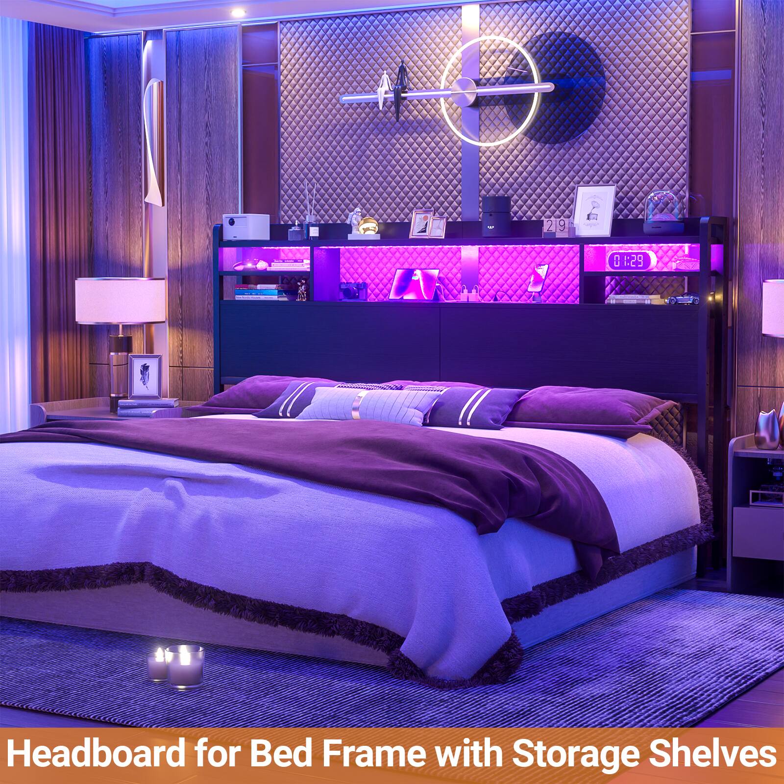 Headboard for Bed Frame with Storage Shelves