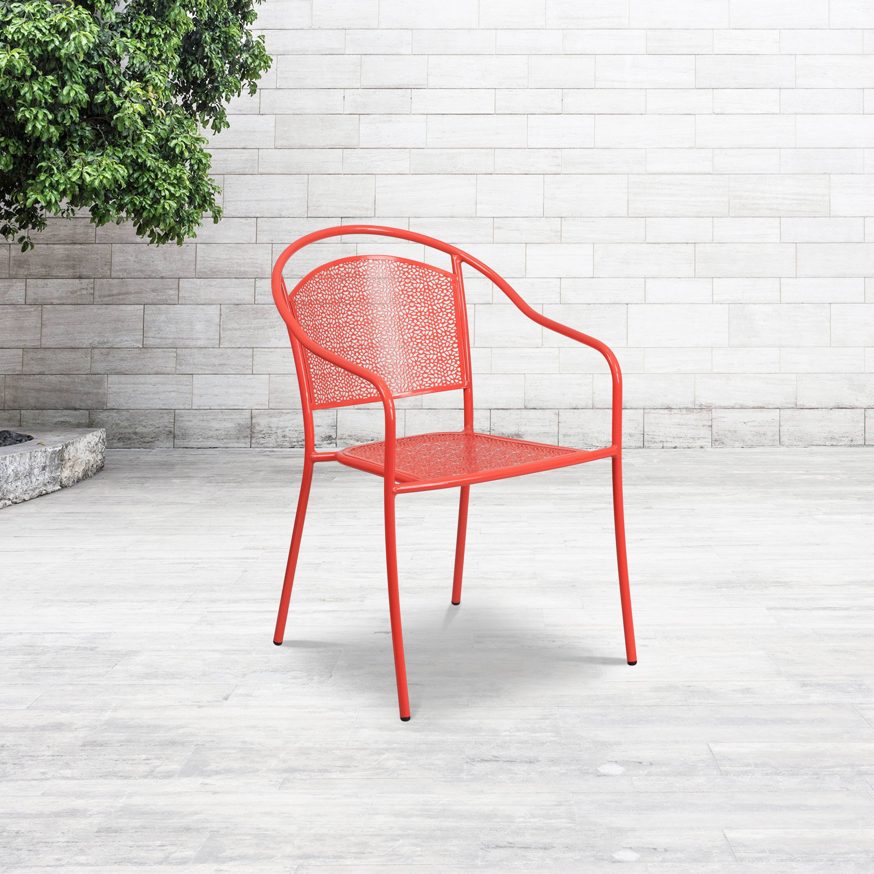 Alt View 1. Emma + Oliver - Commercial Grade Colorful Metal Patio Arm Chair with Round Back - Coral.
