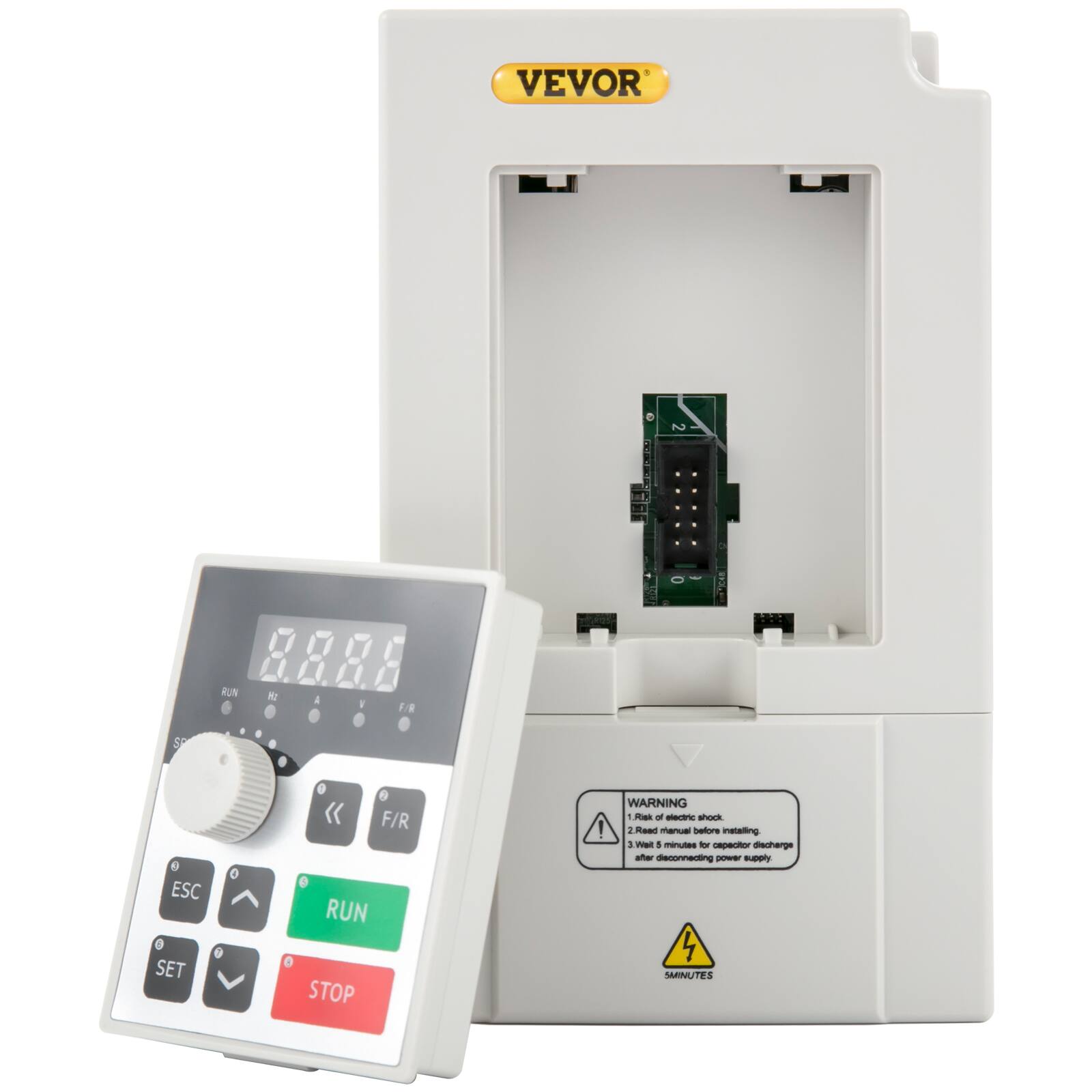 VEVOR

Zai

RUN
Hz
A
I
F/R
ESC
F/R RUN
!
WARNING - Risk of electric shock 1 Read manual before installing. 1 Wait 8 minutes for capacitor discharge after disconnecting power supply
SET
STOP
SMINUTES