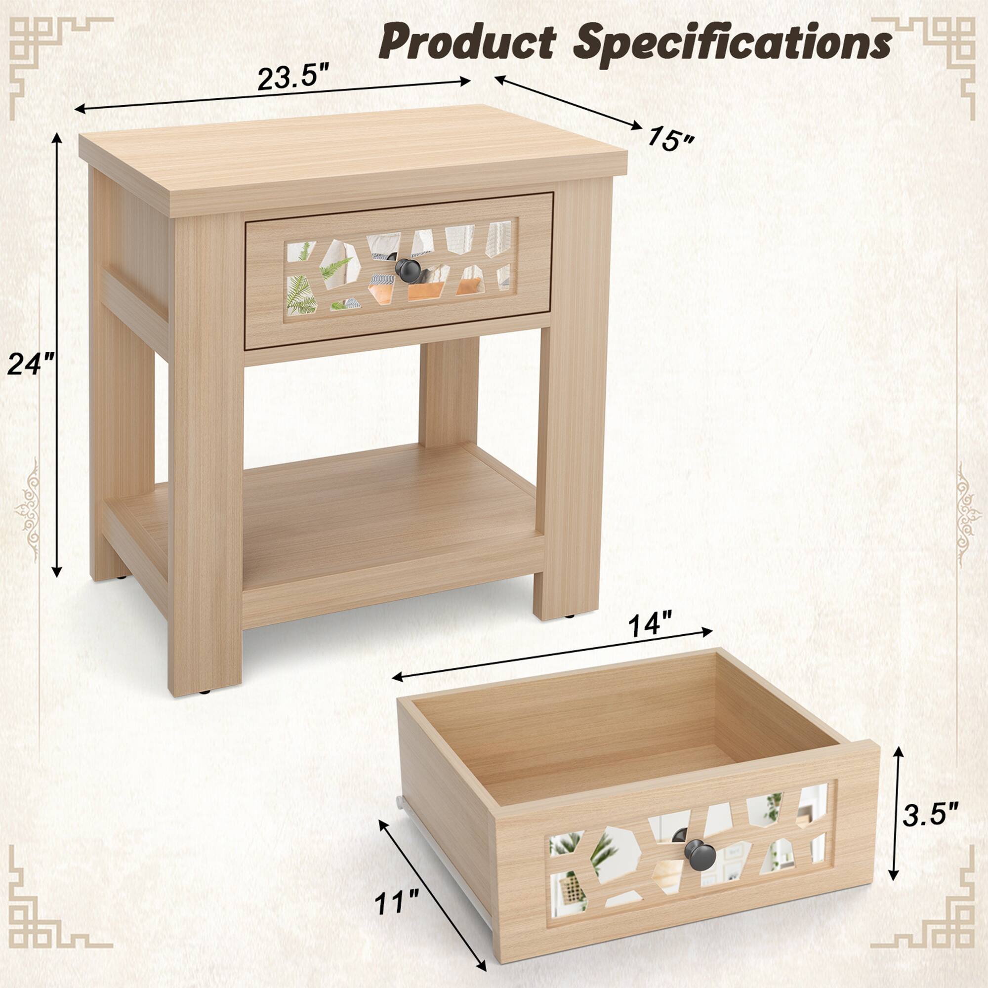 Product Specifications:

- Width: 23.5"
- Depth: 15"
- Height: 24"
- Drawer Height: 3.5"
- Drawer Width: 11"
- Drawer Depth: 14"