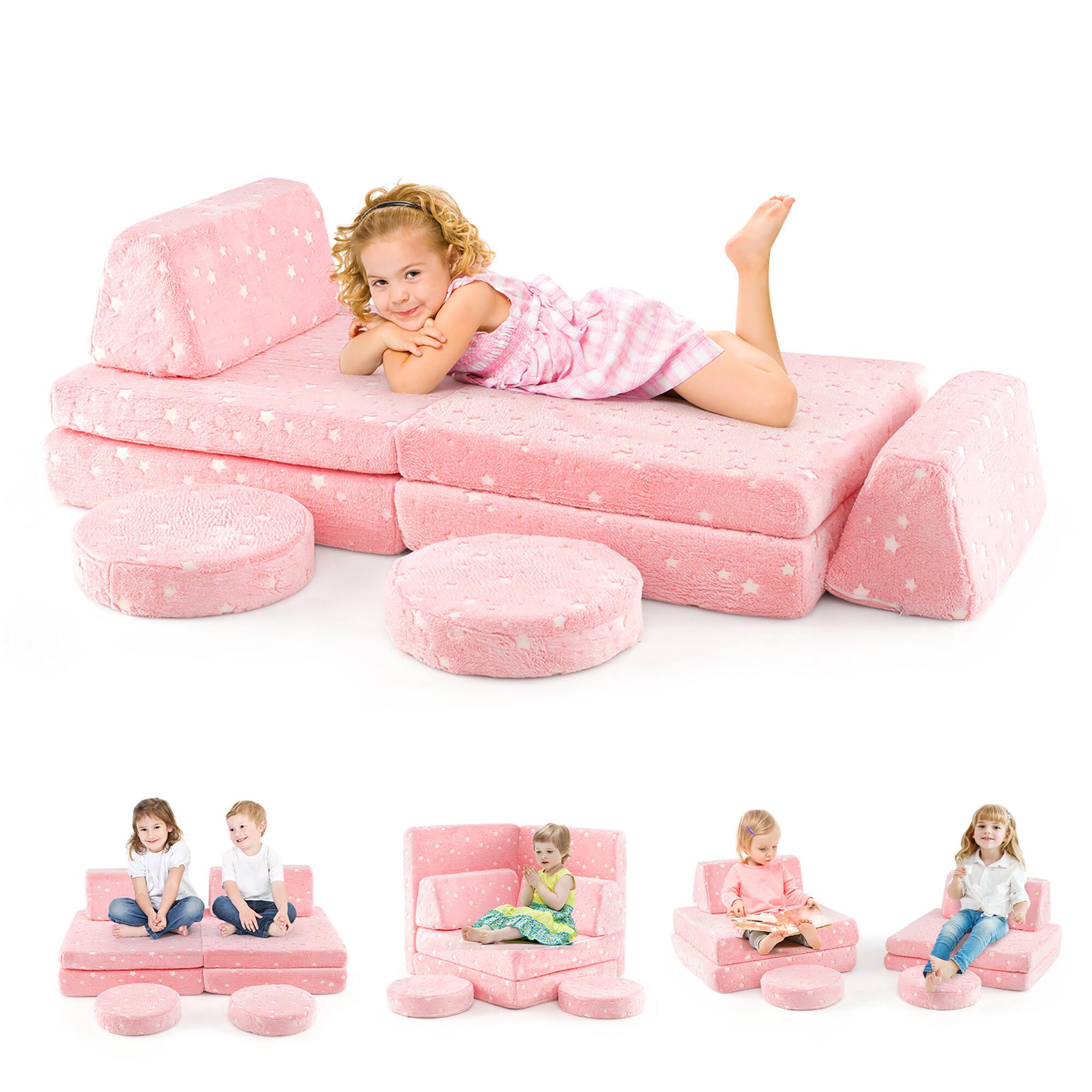 Gymax - Glow in the Dark Modular Kids Play Couch Set w/ Machine-washable Flannel Covers Pink - Pink