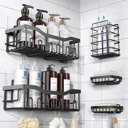 Mirfee - 5-Pack Adhesive Shower Caddy, Rustproof Stainless Steel No-Drill Bathroom Shelves - Black