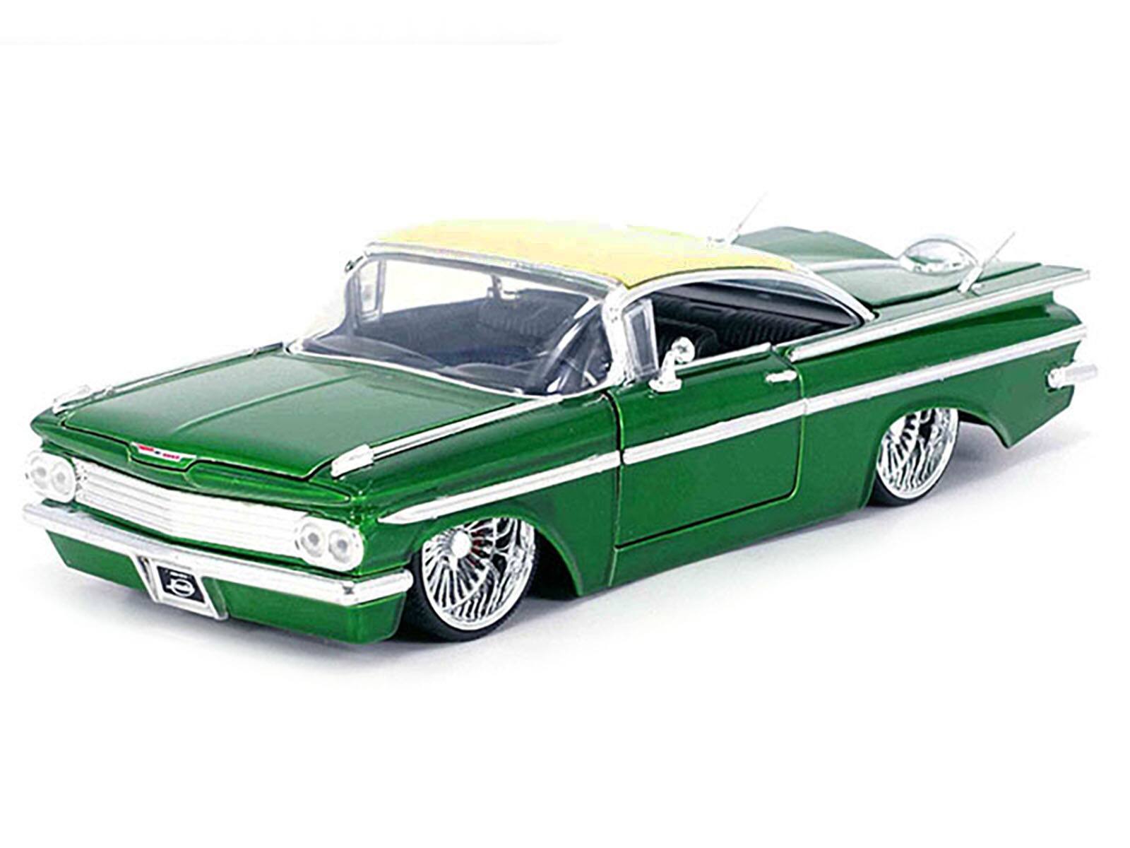 Angle. Jada - 1959 Chevrolet Impala Lowrider Green Metallic with Cream Top and DUB Wire Wheels "Street Low" Series 1/24 - Green Metallic With Cream.