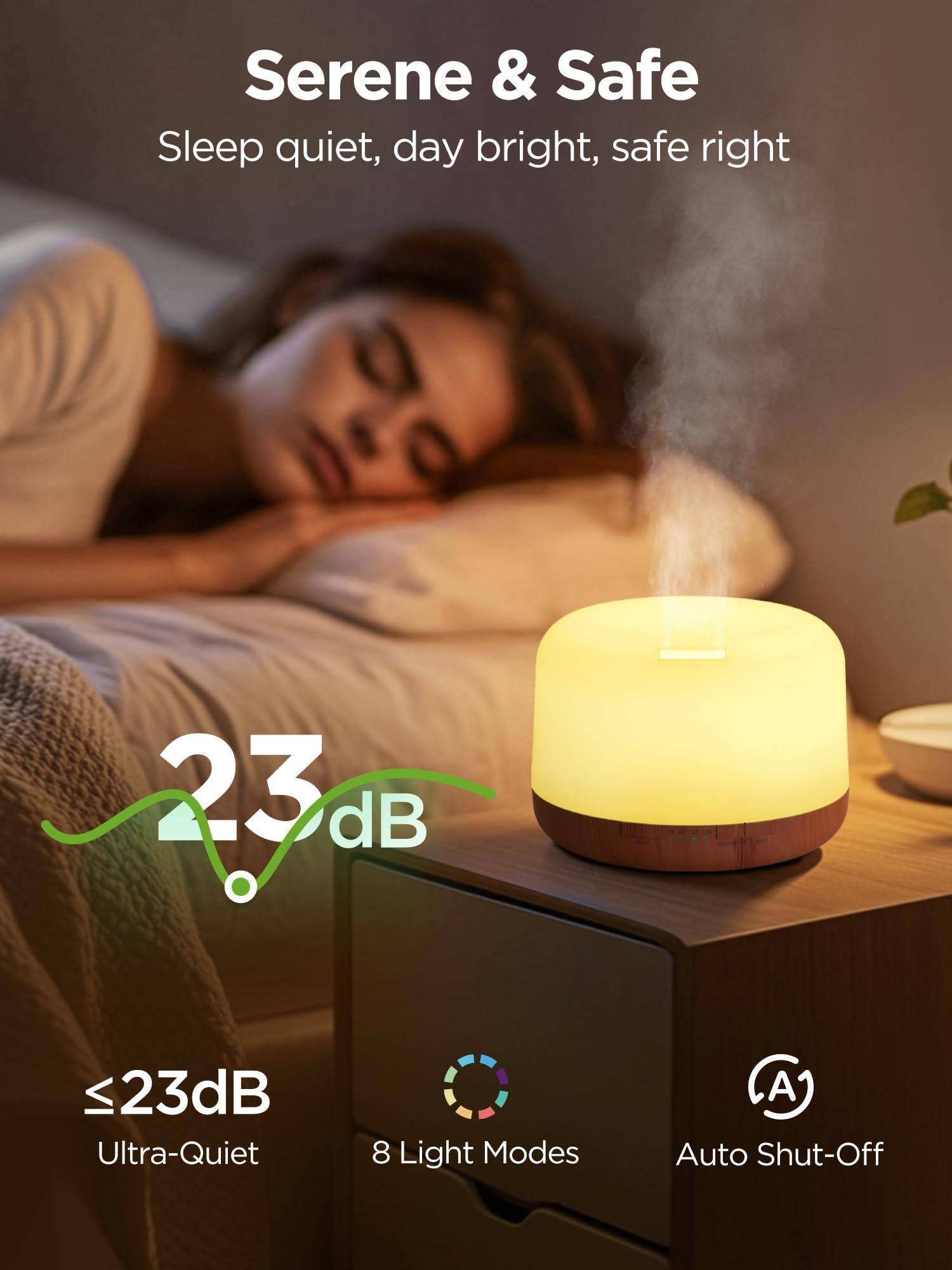 Serene & Safe  
Sleep quiet, day bright, safe right  

23 dB  
≤23dB Ultra-Quiet  

8 Light Modes  

Auto Shut-Off