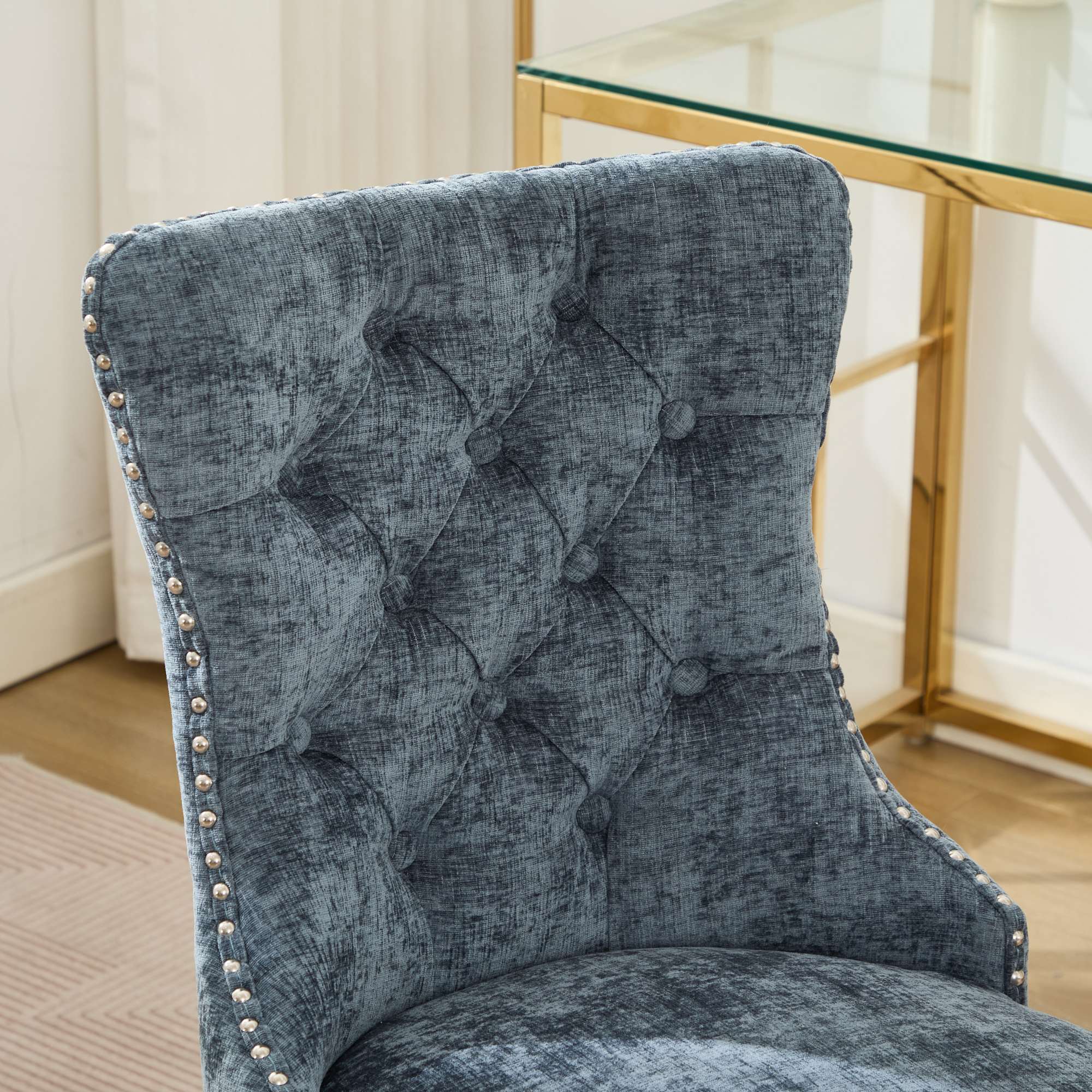 Back. Spaco - Spaco Office Chair, Executive Chair with Modern Chenille, Tufted Button, Chrome Base, Adjustable Swivel, for Home Office - Light Blue.