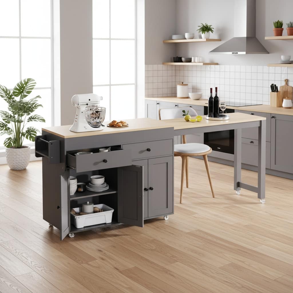 Forest'nSky - Kitchen Island on Wheels, 74.5 inch with Extendable Dining Table, 4 Door Cabinet, 2 Drawers & Spice Rack, White - Gray