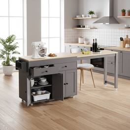 Forest'nSky - Kitchen Island on Wheels, 74.5 inch with Extendable Dining Table, 4 Door Cabinet, 2 Drawers & Spice Rack, White - Gray