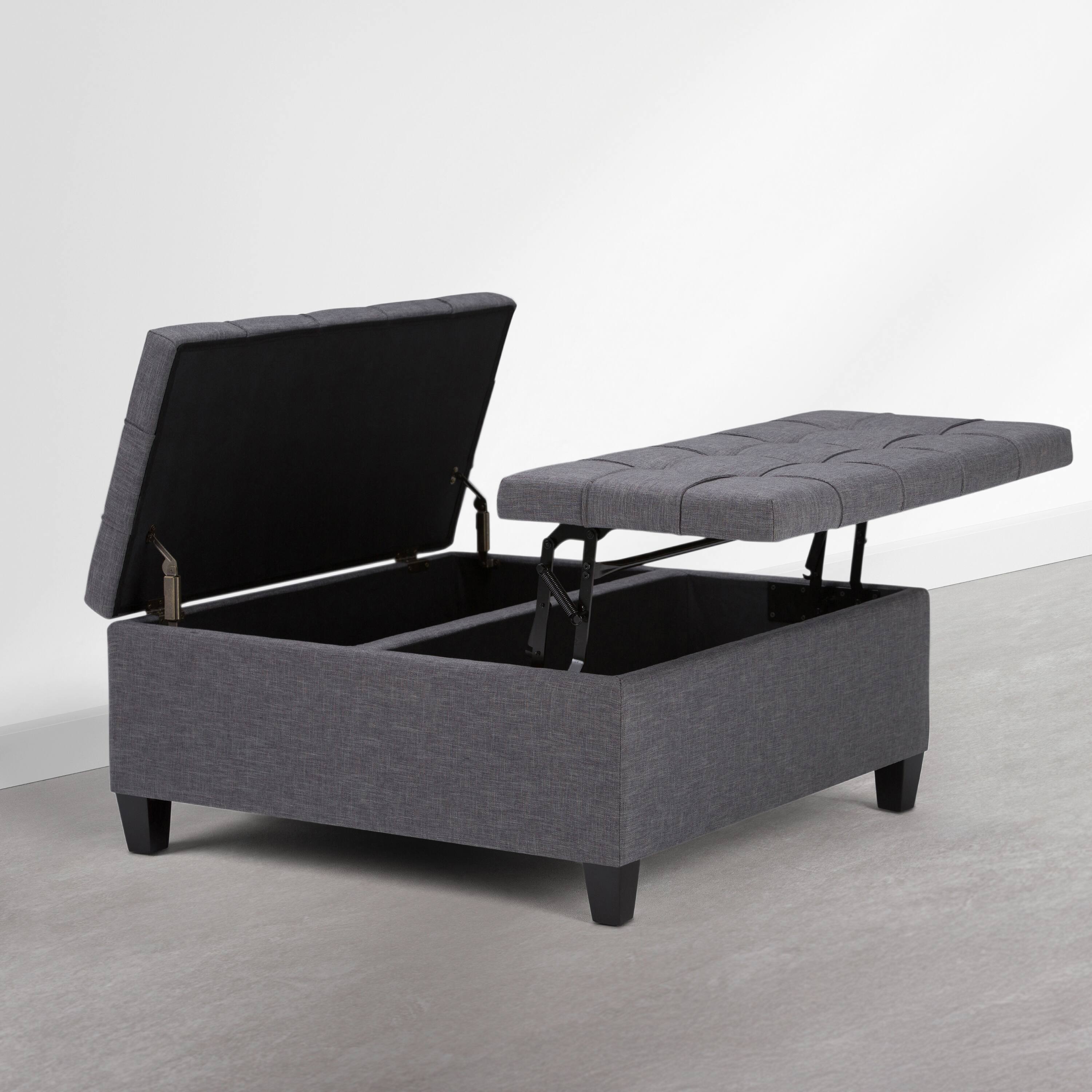 Left. Simpli Home - Harrison 36 inch Wide Upholstered Solid Wood Square Storage Ottoman, Flint Grey - Flint Grey.