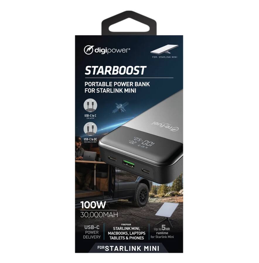 digipower  
FOR: STARLINK MINI  
STARBOOST PORTABLE POWER BANK FOR STARLINK MINI  
USB-C to DC  
Gre-fuel 50 2'0 170 001  
100W 30,000MAH FOR/POUR USB-C STARLINK MINI, Up to 5HR POWER MACBOOKS, LAPTOPS runtime DELIVERY TABLETS & PHONES for Starlink Mini  
FOR STARLINK MINI