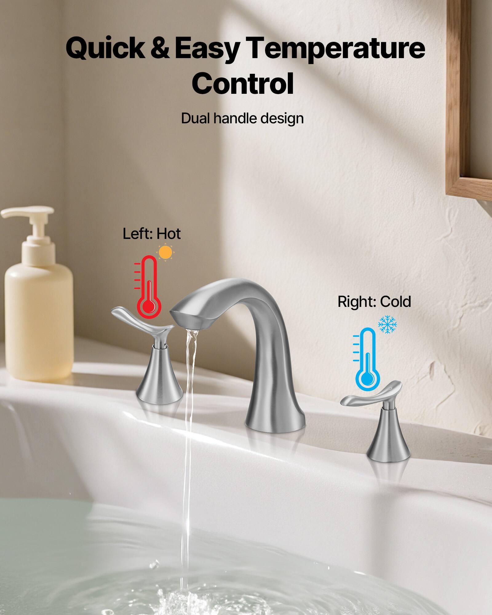 Quick & Easy Temperature Control  
Dual handle design  
Left: Hot  
Right: Cold