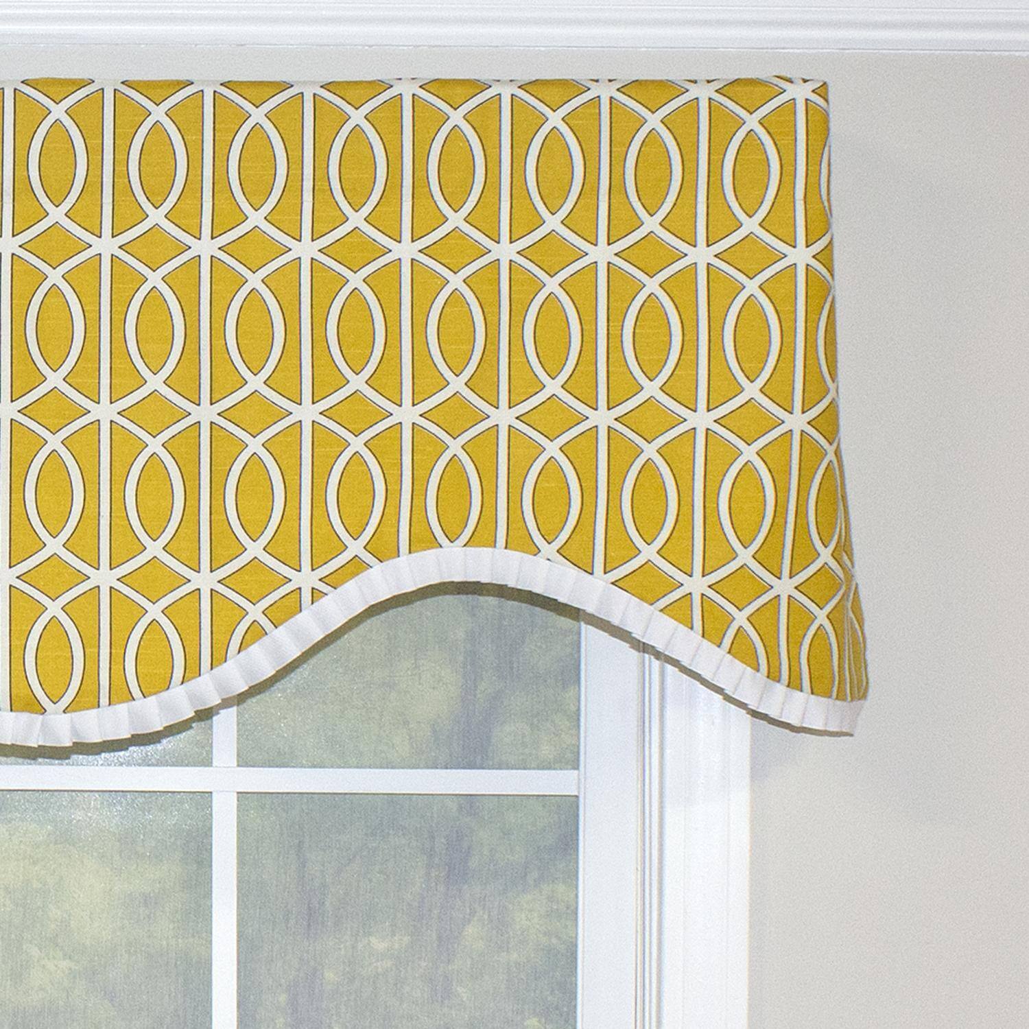 Left. RLF Home - RLF Home Sequence Ruffled Cornice 100% Cotton with Fully Lined 3" Rod Pocket Valnance for Windows 50" x 17" Lemon - Lemon.