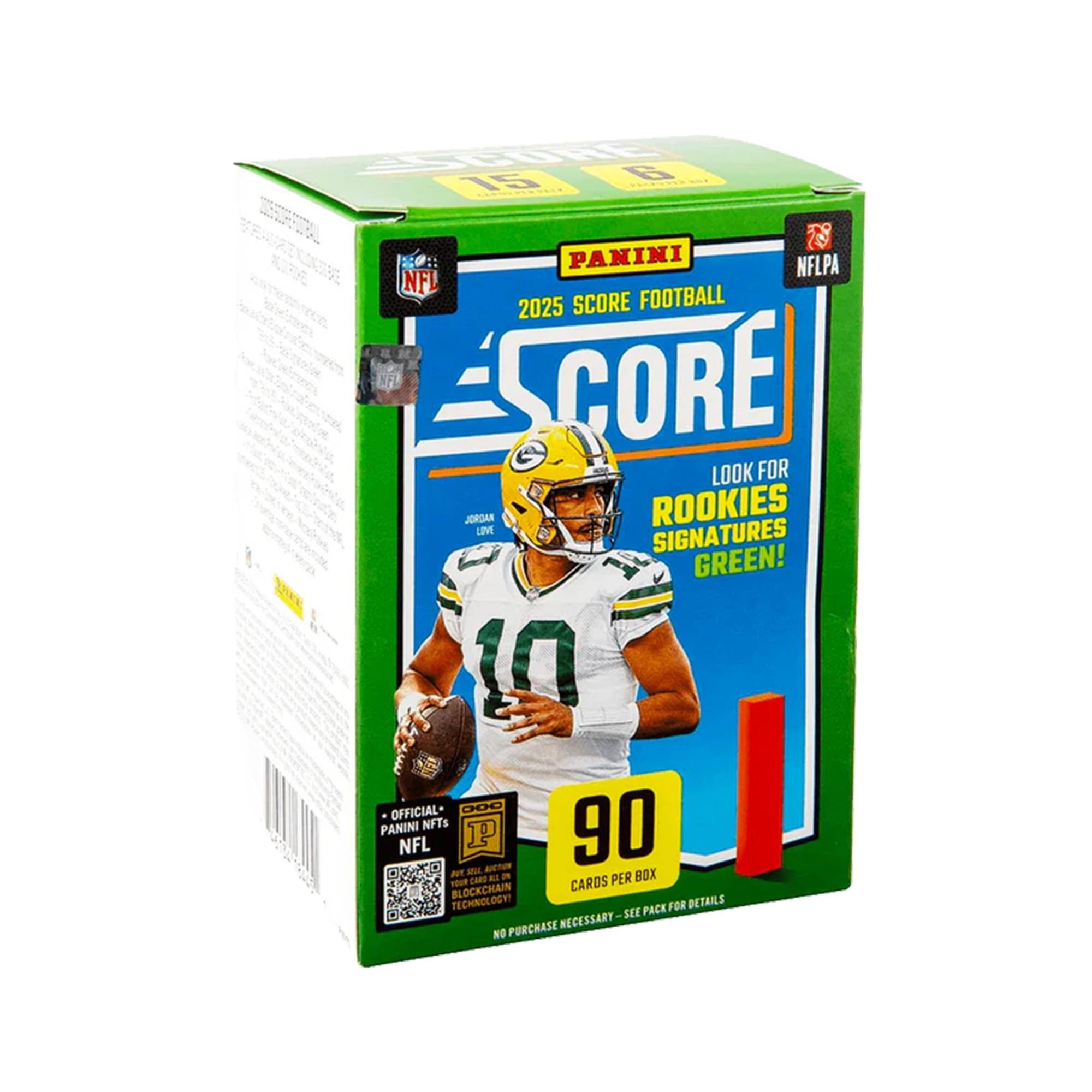 Panini 2025 Score Football  
Look for Rookies Signatures  
Green!  
90 Cards per Box  
Official Panini NFTs  
NFL Blockchain Technology  
No Purchase Necessary - See Pack for Details
