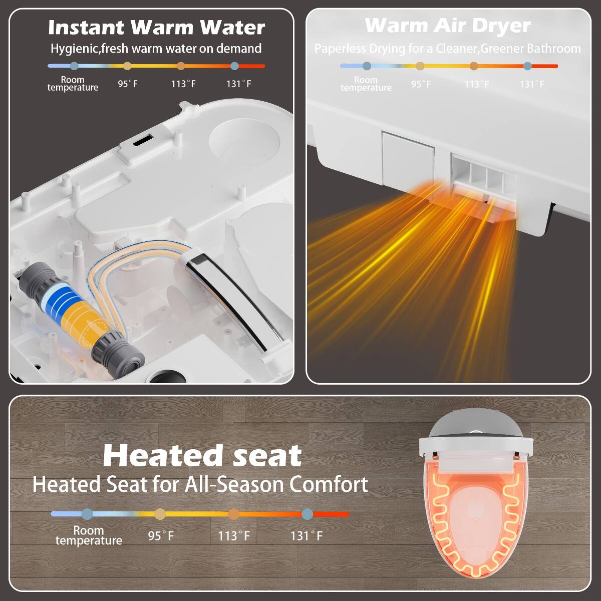 Instant Warm Water  
Hygienic, fresh warm water on demand

Warm Air Dryer  
Paperless Drying for a Cleaner, Greener Bathroom

Heated Seat  
Heated Seat for All-Season Comfort