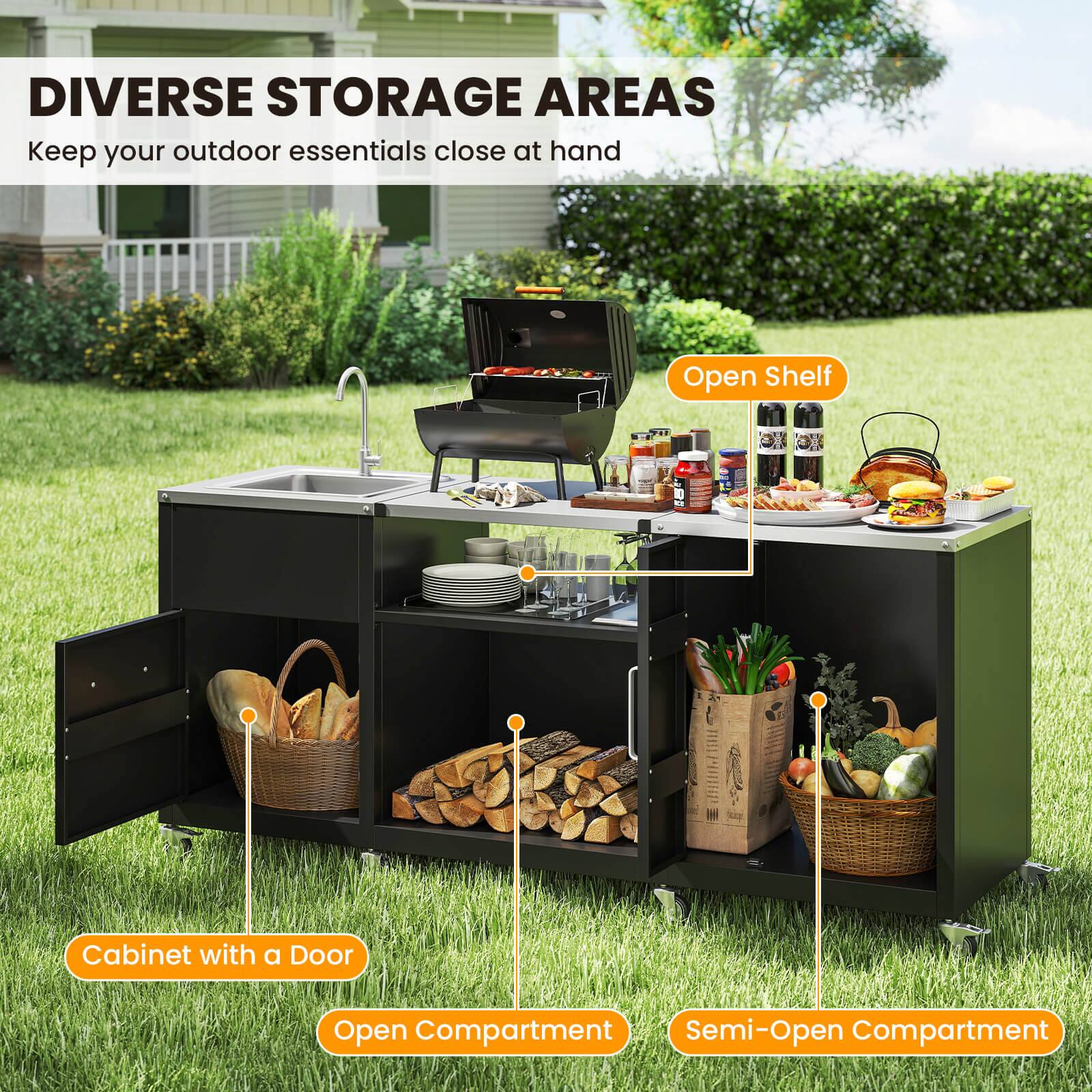 DIVERSE STORAGE AREAS  
Keep your outdoor essentials close at hand  

- Open Shelf  
- Cabinet with a Door  
- Open Compartment  
- Semi-Open Compartment