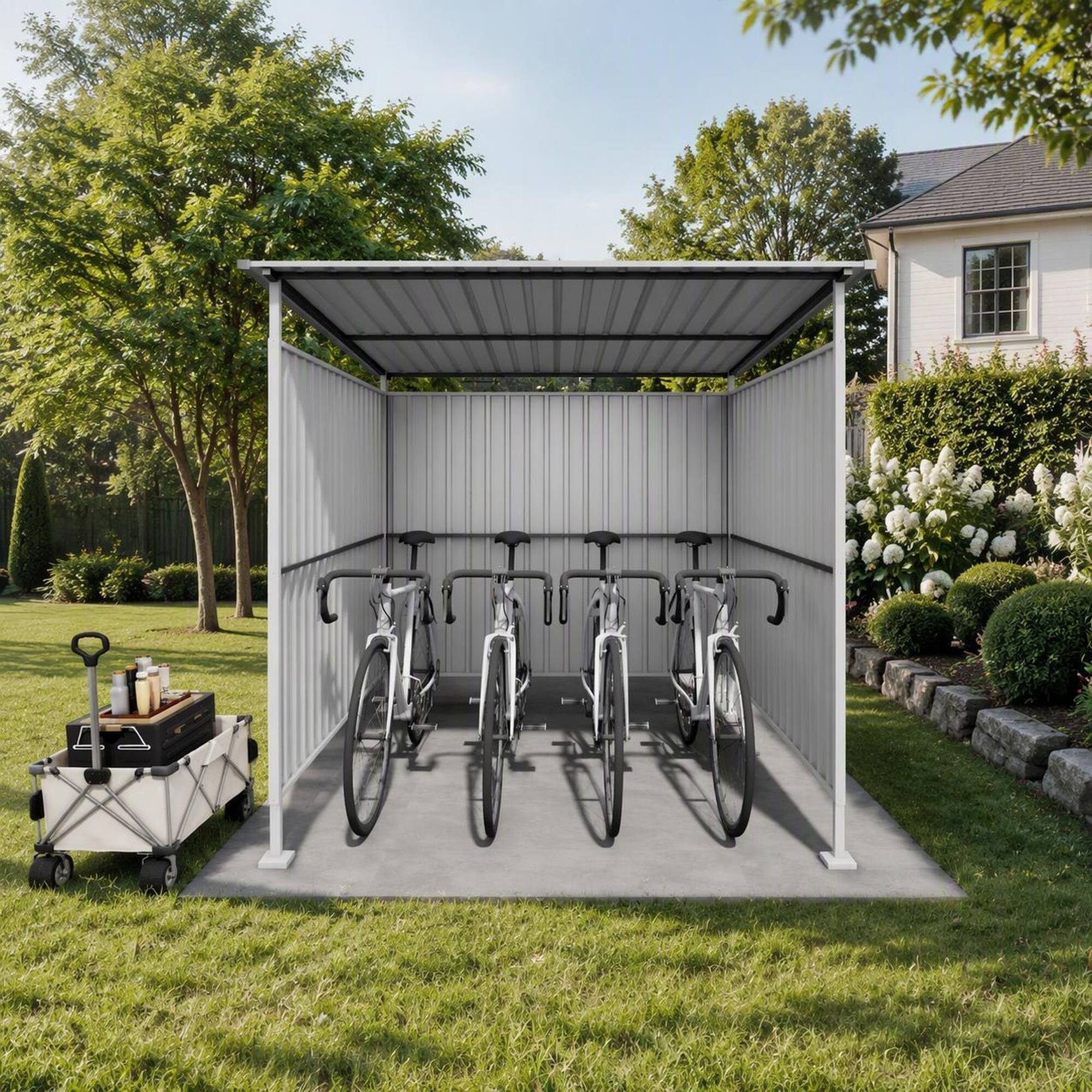 Angle. RYHNUYNE - 6x6 FT Outdoor Pergola,Hardtop Lean-to Grill Gazebo & Bike Storage Shed for Patio Deck Lawn Backyard - Gray.
