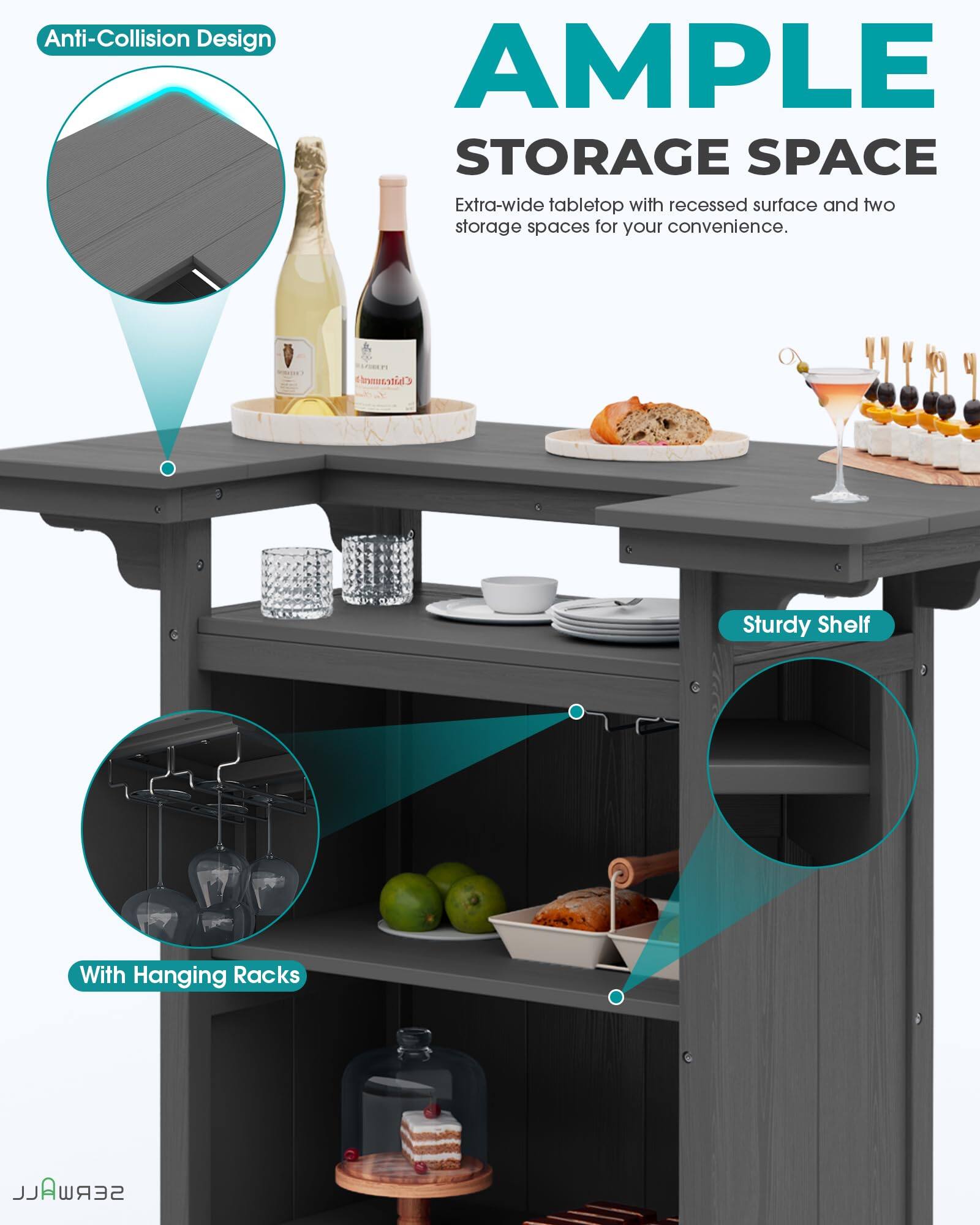 Anti-Collision Design  
AMPLE STORAGE SPACE  
Extra-wide tabletop with recessed surface and two storage spaces for your convenience.  
Sturdy Shelf  
With Hanging Racks