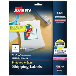 Avery - Print-to-the-Edge Color Laser Shipping Labels, 3" x 3-3/4", 150 Labels/Pack (6874) - White