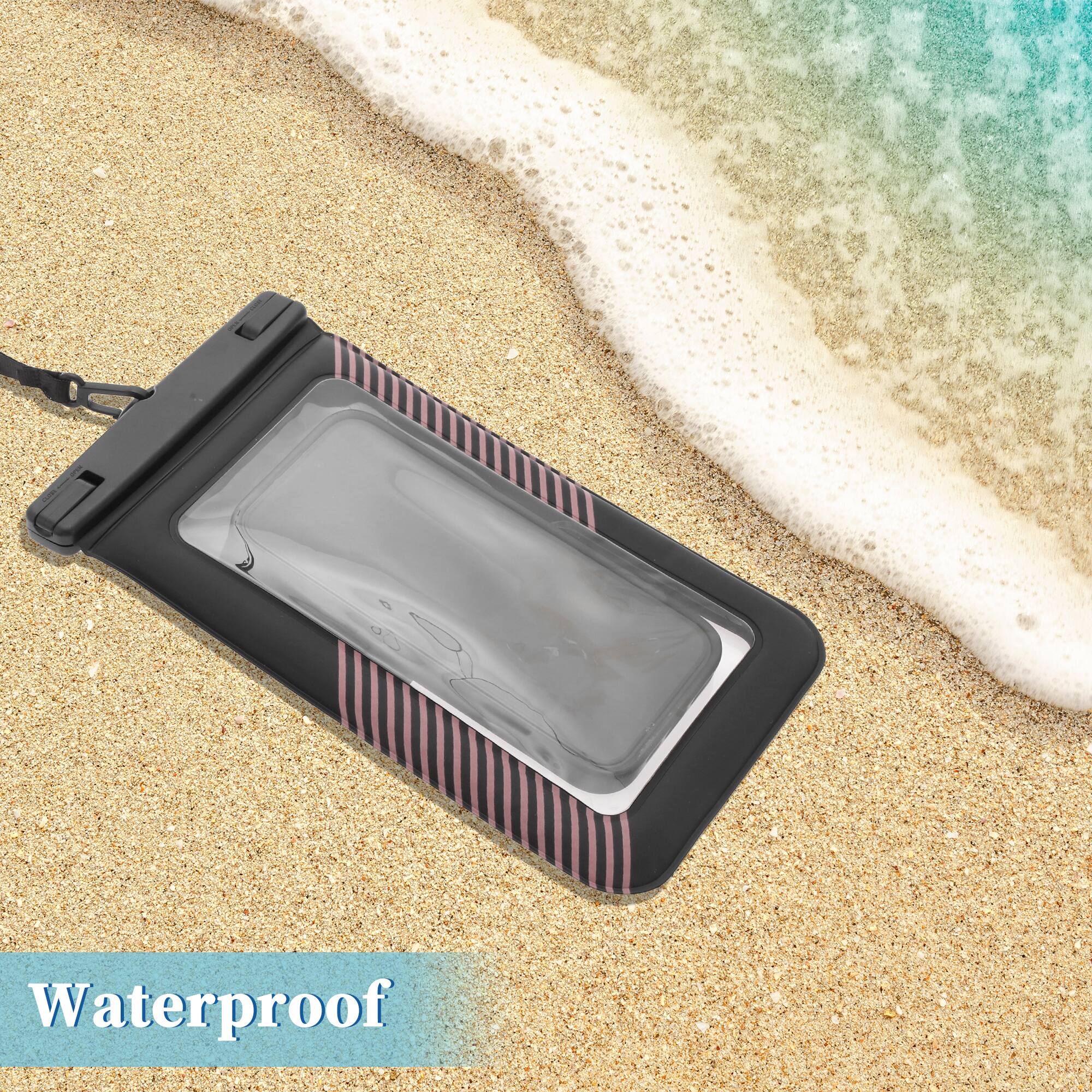 Alt View 1. Unique Bargains - 2pcs Half Stripe Mobile Waterproof Bag Universal Waterproof Case Compatible for Phone 5.51"x9.06" - Black Light Pink.
