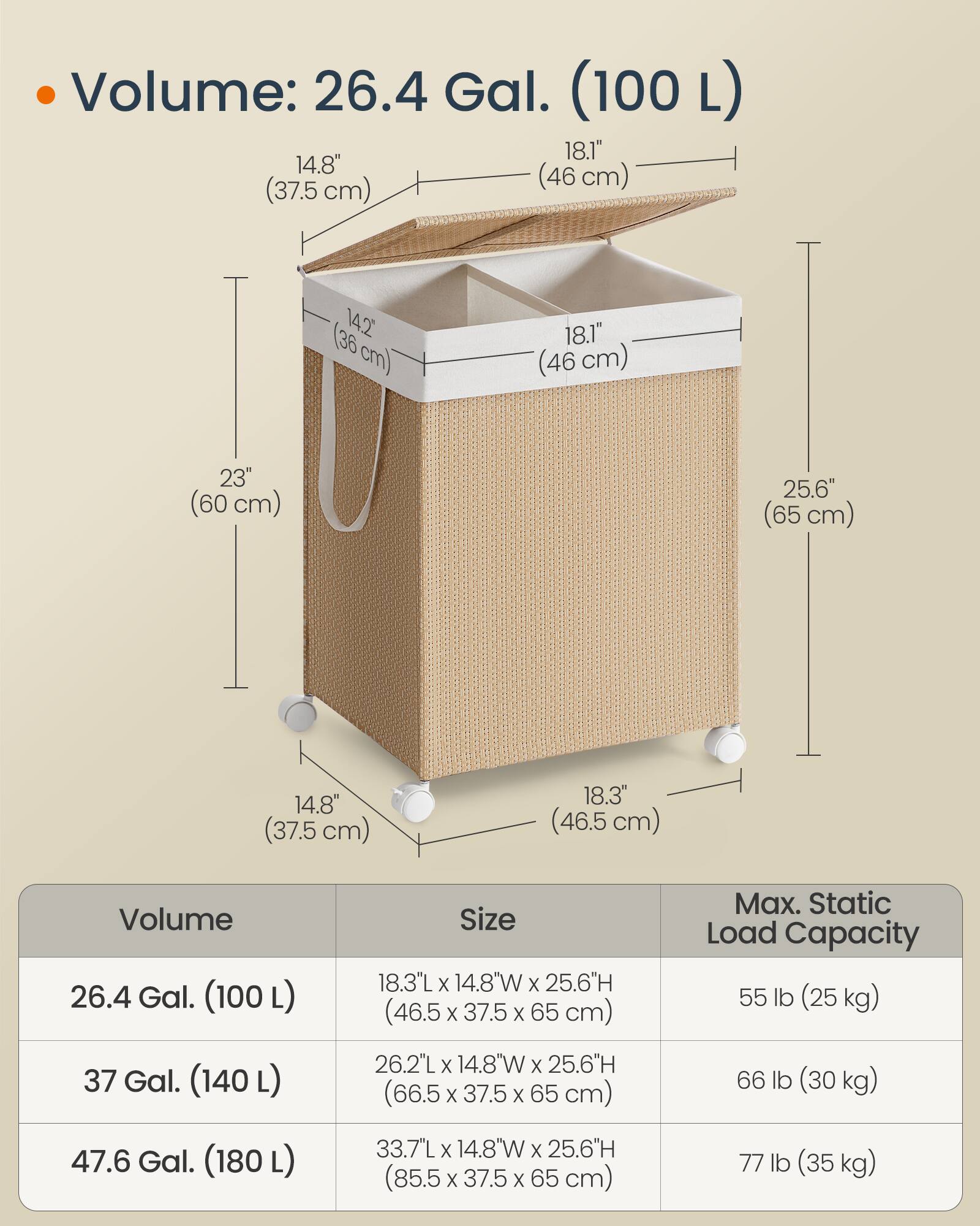 Volume: 26.4 Gal. (100 L)  
18.1" (46 cm)  
14.8" (37.5 cm)  
23" (60 cm)  
25.6" (65 cm)  
18.3" (46.5 cm)  

Size: 18.3"L X 14.8"W X 25.6"H (46.5 X 37.5 X 65 cm)  
Max. Static Load Capacity: 55 lb (25 kg)  

37 Gal. (140 L)  
26.2"L X 14.8"W X 25.6"H (66.5 X 37.5 X 65 cm)  
Max. Static Load Capacity: 66 lb (30 kg)  

47.6 Gal. (180 L)  
33.7"L X 14.8"W X 25.6"H (85.5 X 37.5 X 65 cm)  
Max. Static Load Capacity: 77 lb (35