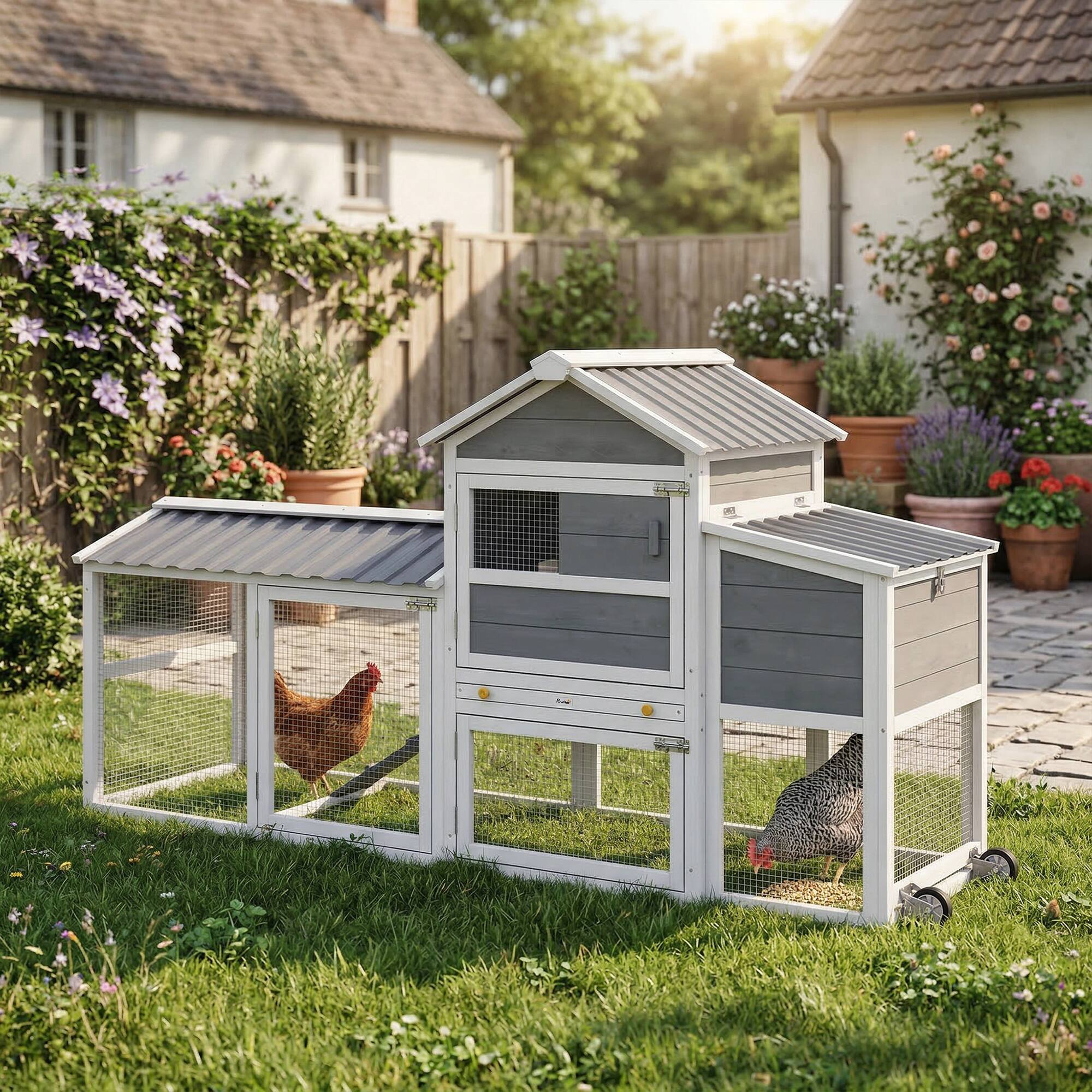 Alt View 1. Pawhut - Coop with Wheels, 80" L Mobile Hen House with Run, Outdoor Wooden Chicken House with Nesting Box - Gray.